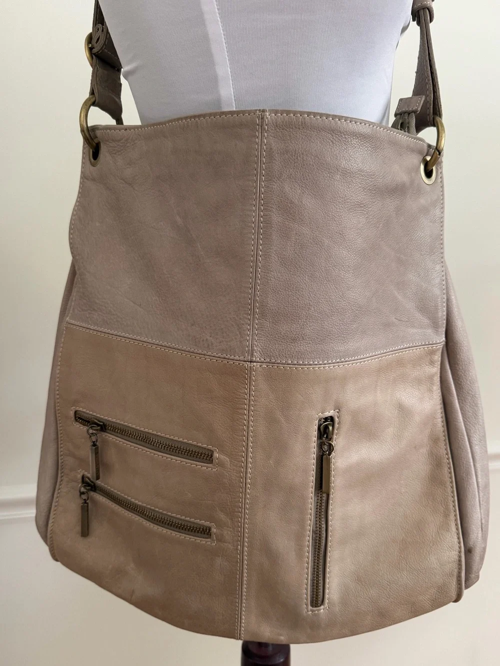 Avorio Italian Soft Leather Multi-Zip Crossbody Hobo Bag